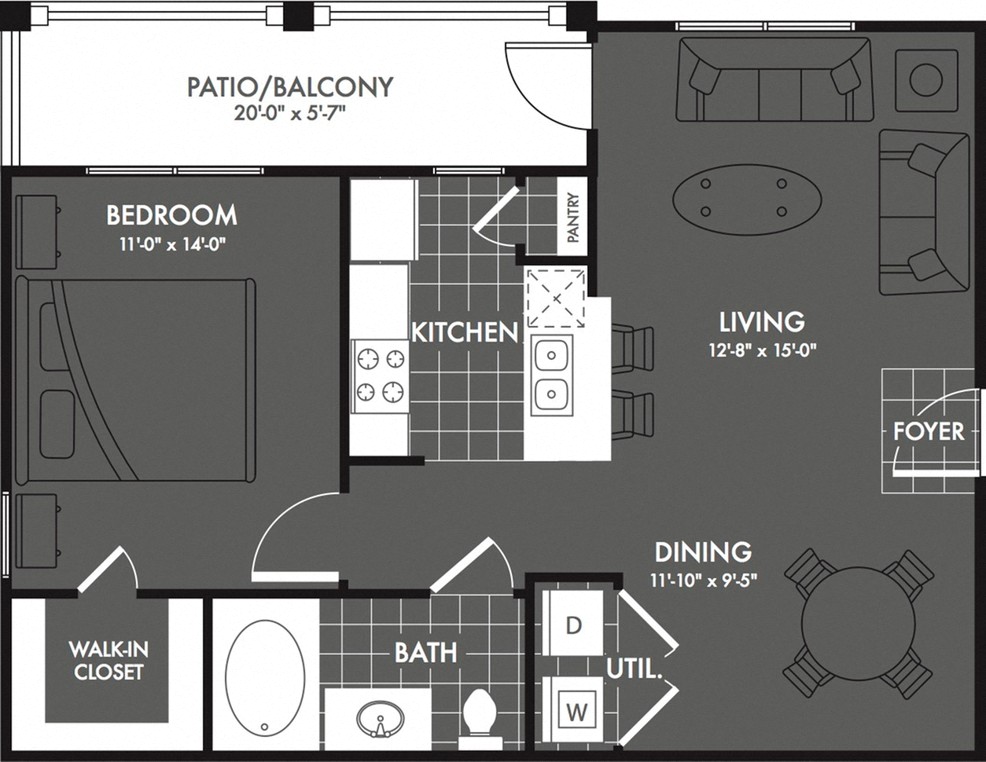 Floor plan for 1 bed, 1 bath, 726 sqft